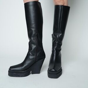 New Giaborghini Texan Knee High Western Boot Leather Stacked Platform Black 39